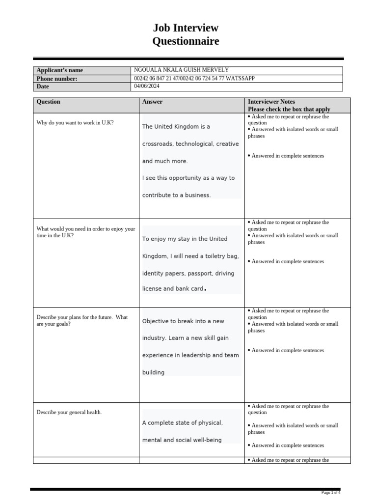 Job Interview Questionnaire Responses | PDF | English Language | Vocabulary