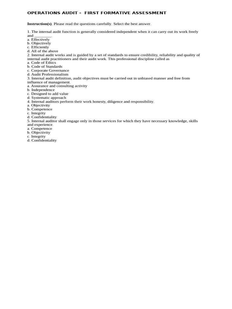 Operations Audit Assessment Questions | PDF