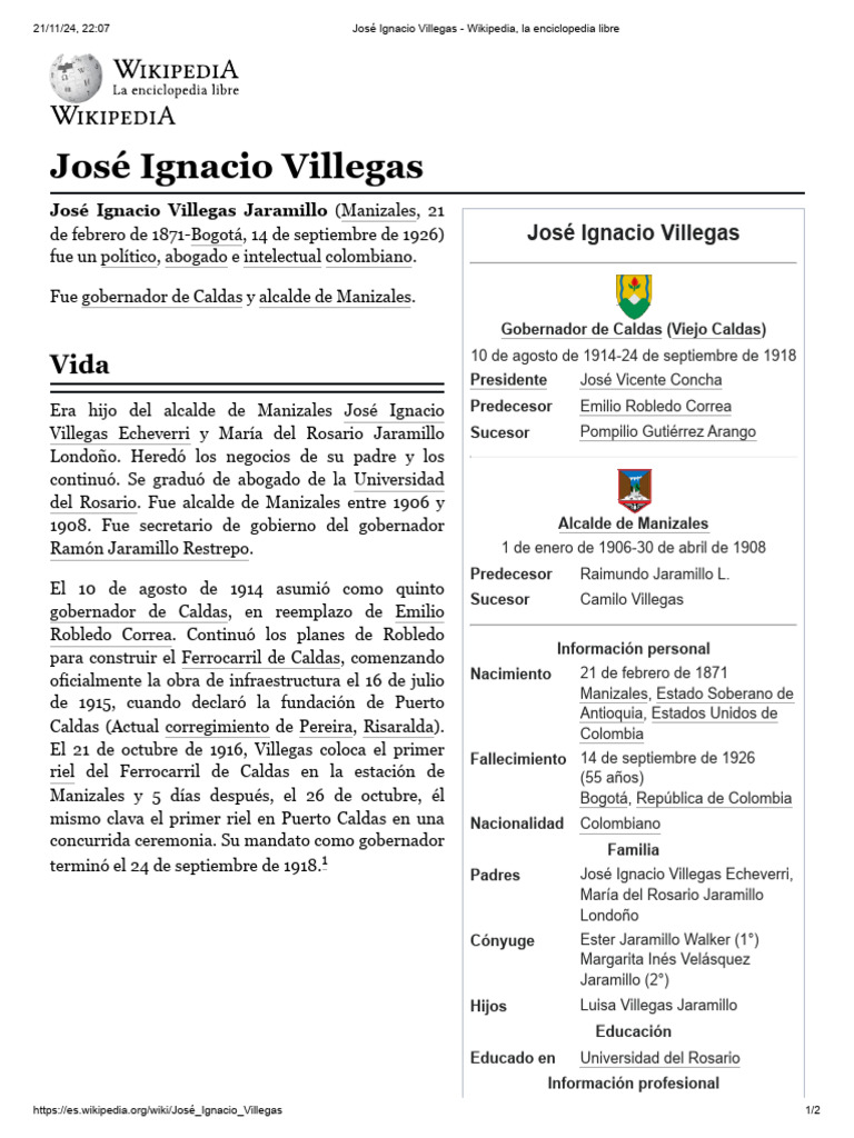 Jos Ignacio Villegas Gobernador De Caldas PDF