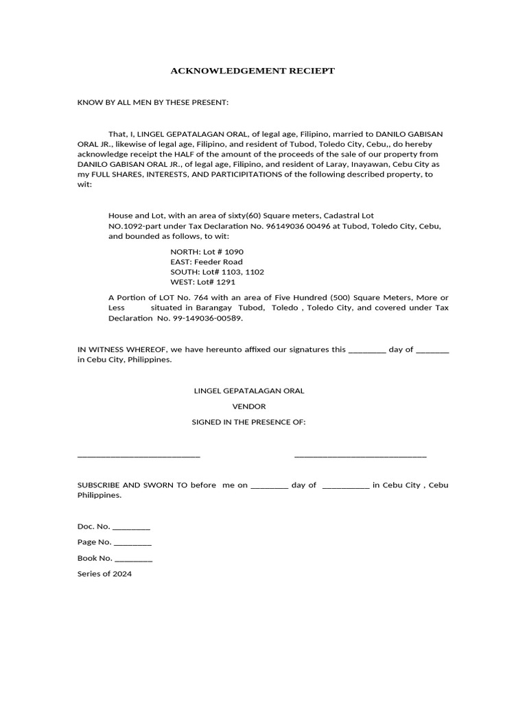 Acknowledgment Receipt for Property Sale | PDF