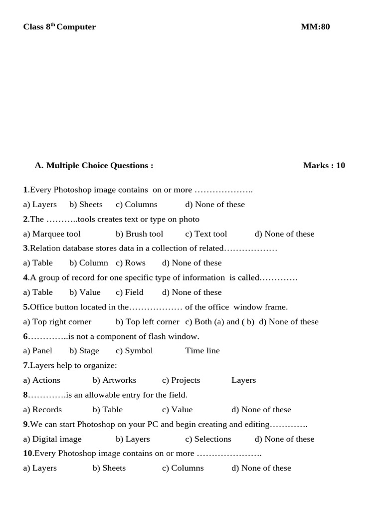 Class 8 Computer Science Quiz Guide | PDF | Databases | Adobe Photoshop