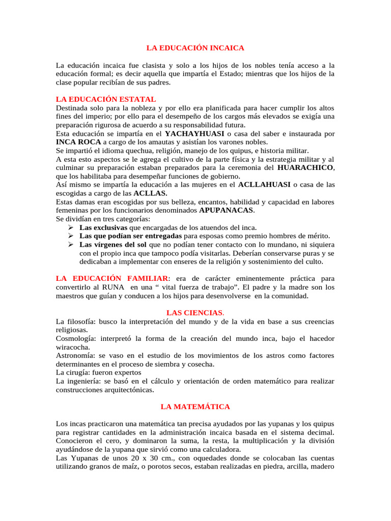 07, - La Educación Inca | PDF | Imperio Inca