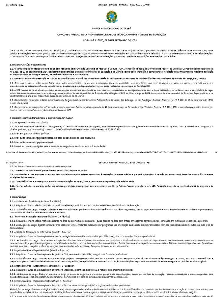 Concurso UFC: Vagas Técnicas 2024 | PDF | Engenharia