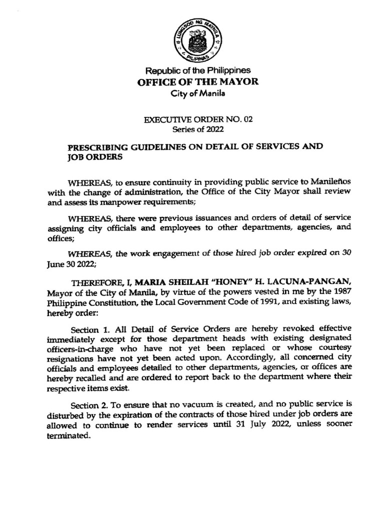 Manila Executive Order on Service Details | PDF | Legal Documents ...