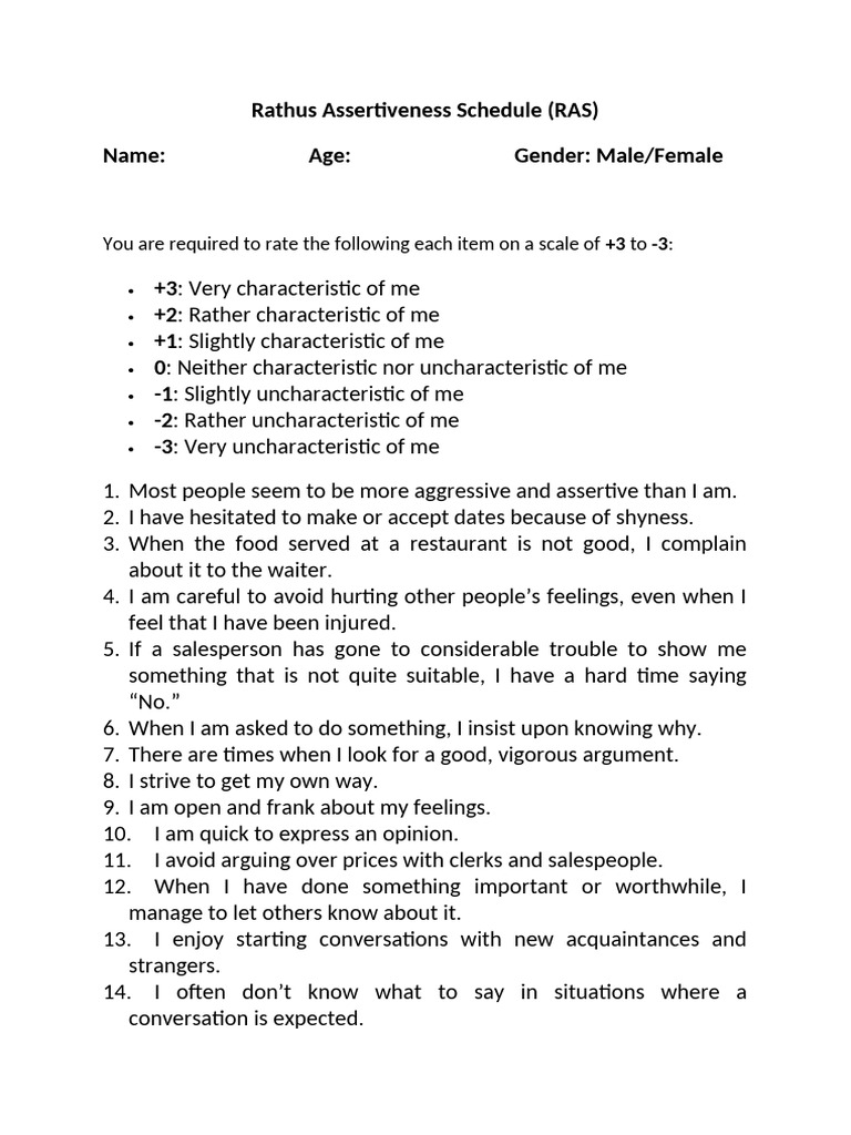 Rathus Assertiveness Schedule (RAS) | PDF | Psychology | Social Psychology