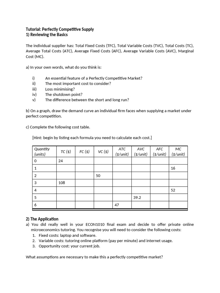 Perfect Competition Market Tutorial | PDF | Profit (Economics ...