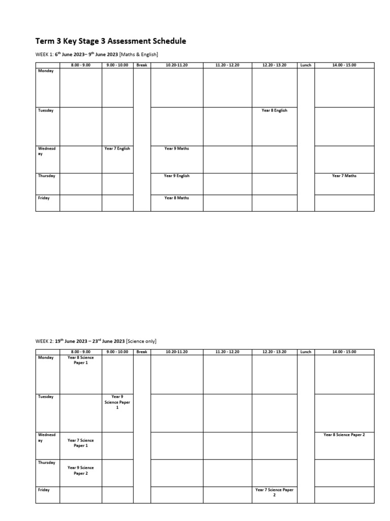 Assessment Week Timetable KS3 Maths, EN, Science | PDF | Science ...