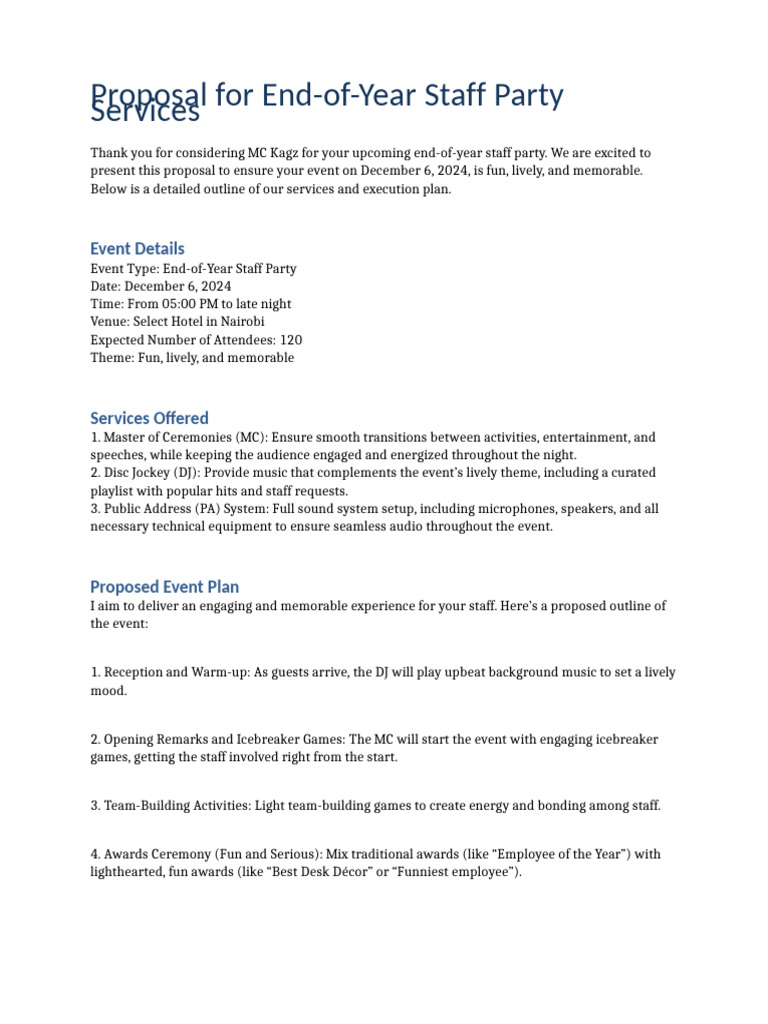 End-of-Year Staff Party Proposal | PDF | Disc Jockey