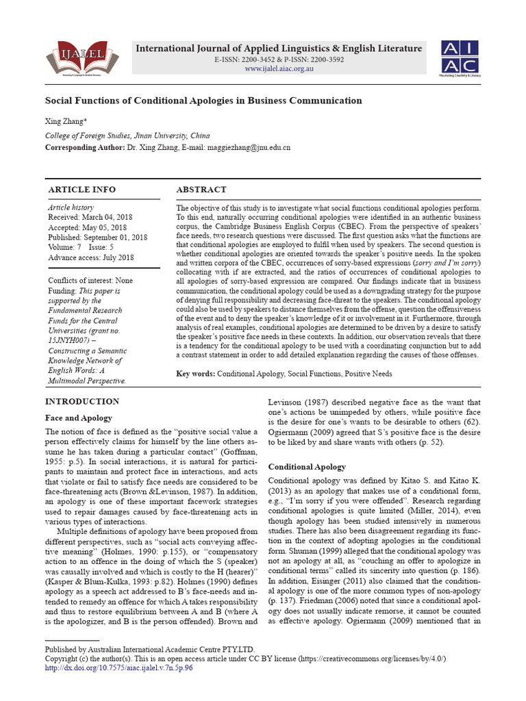 Social Functions of Conditional Apologies | PDF | Communication ...