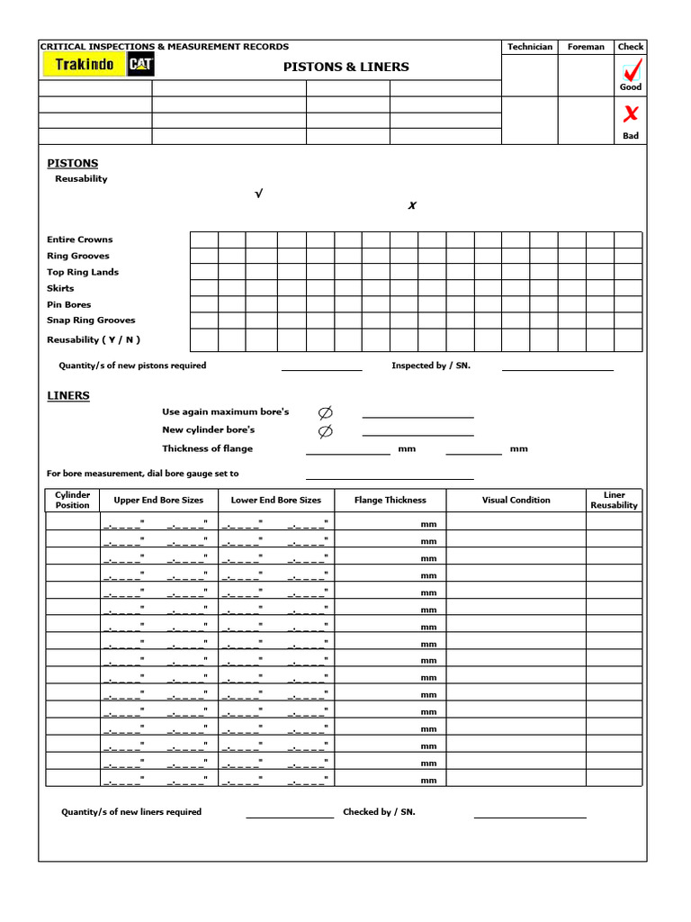 Pistons and Liners Inspection Checklist | PDF | Piston | Propulsion