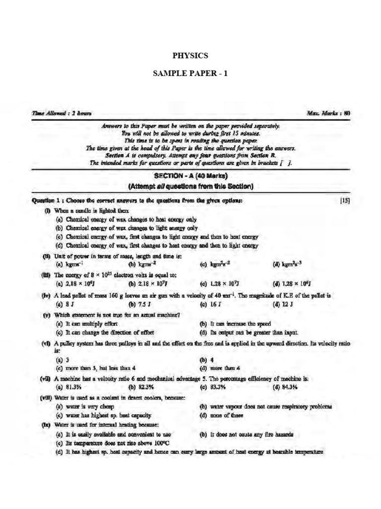 ICSE 2024 Physics Sample Papers | PDF