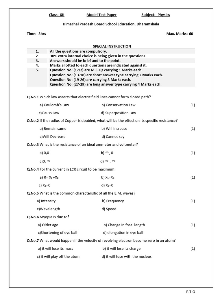 Physics Model Test Paper Class XII | PDF | Neutron | Capacitor
