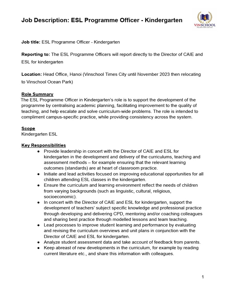 ESL Programme Officer Job Description | PDF | Wellness