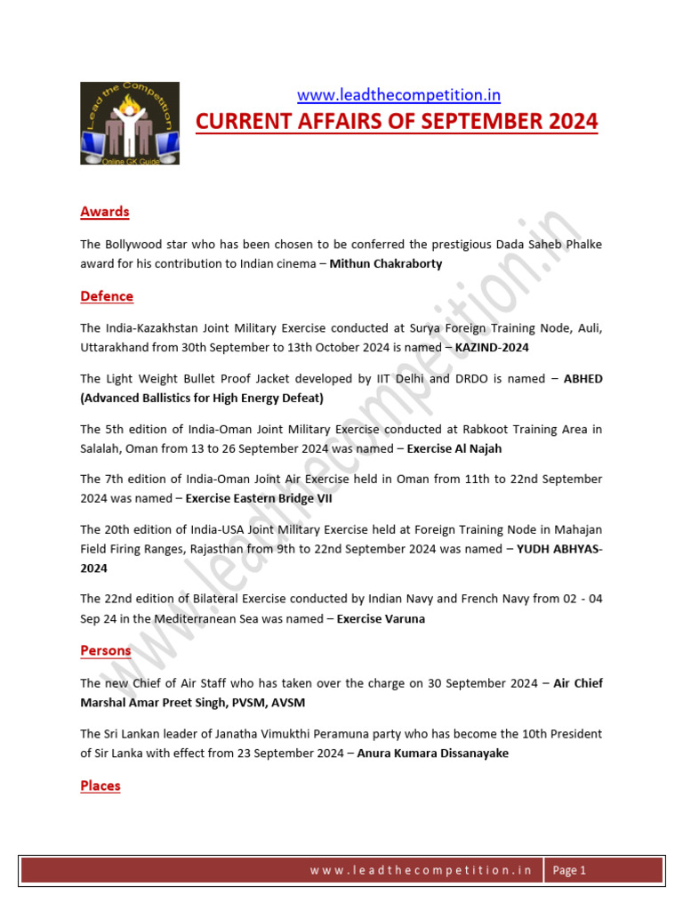 September 2024 Current Affairs Summary | PDF | Travel