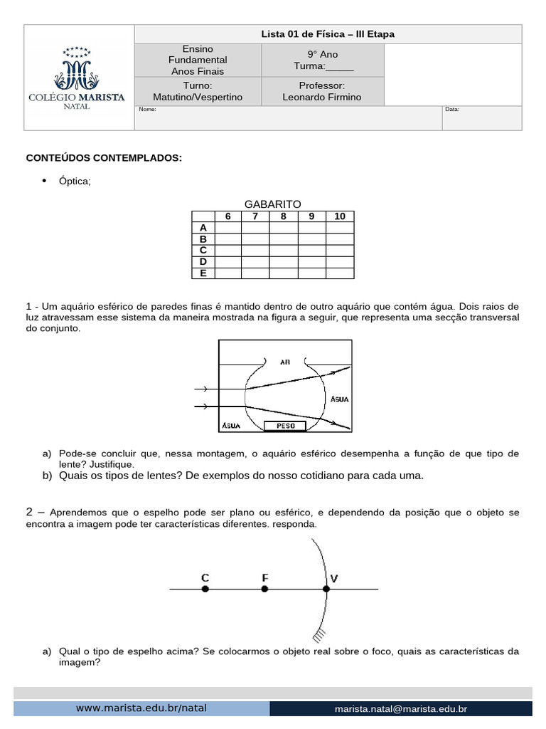 Lista de Exercícios sobre Óptica para 9º Ano | PDF | Espelho | Imagem