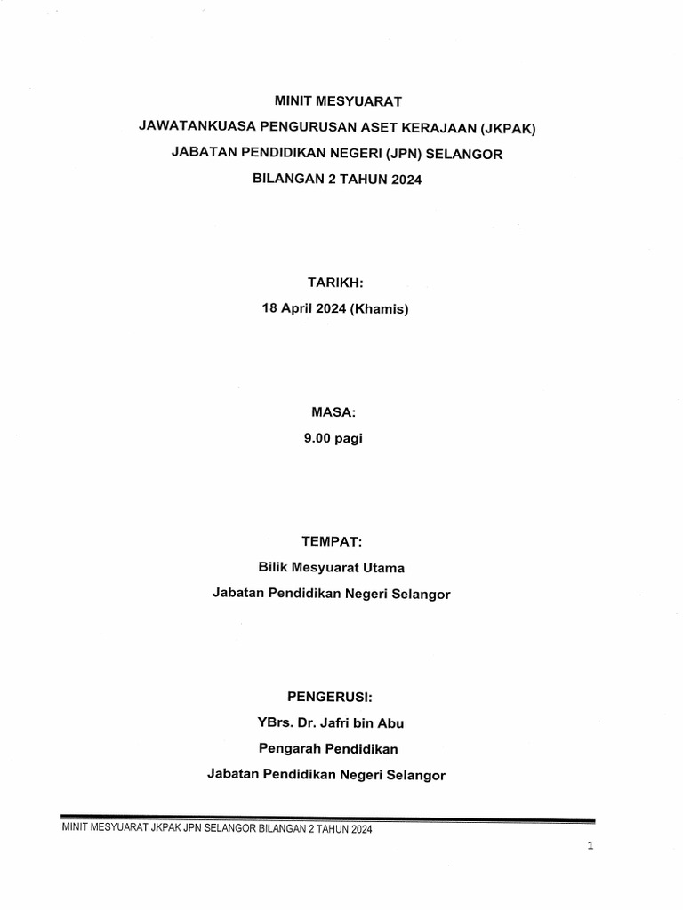 Minit Mesyuarat Jkpak JPN Selangor Bil. 2 Tahun 2024 | PDF