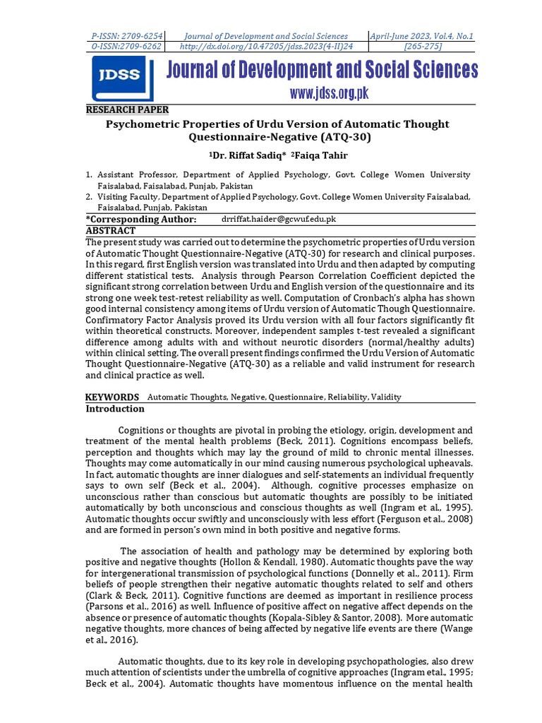 Psychometric Properties of Urdu Version of Automatic Thought ...