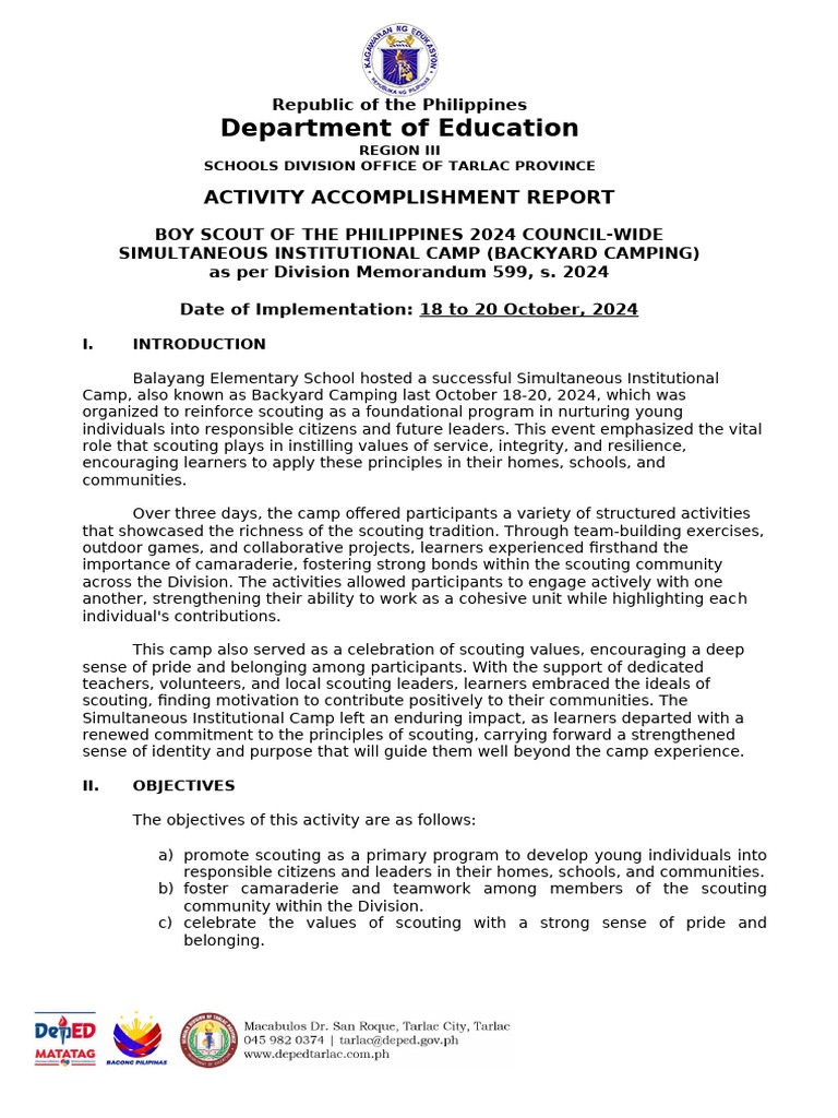 ACTIVITY COMPLETION REPORT BSP Simultaneous Camping 2024 | PDF ...