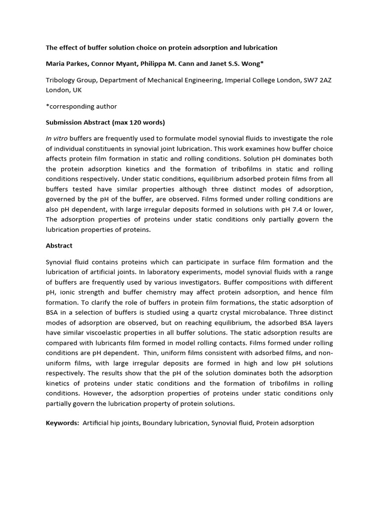 Buffer Effects on Protein Lubrication | PDF | Adsorption | Viscosity