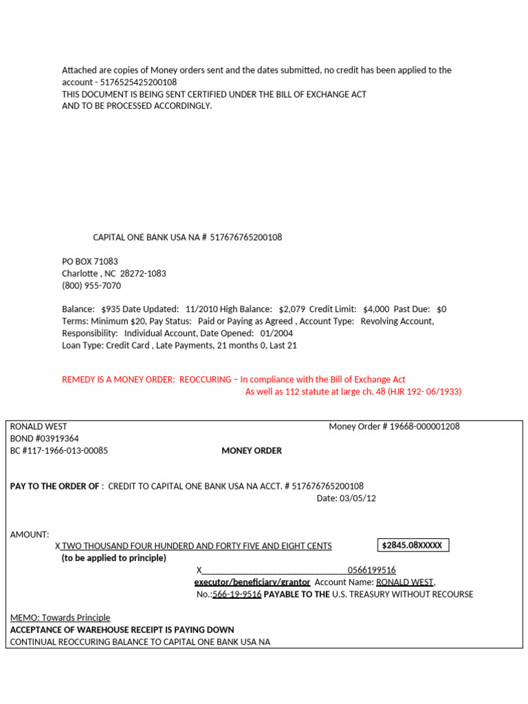Money Orders Submitted to Capital One | PDF | Law