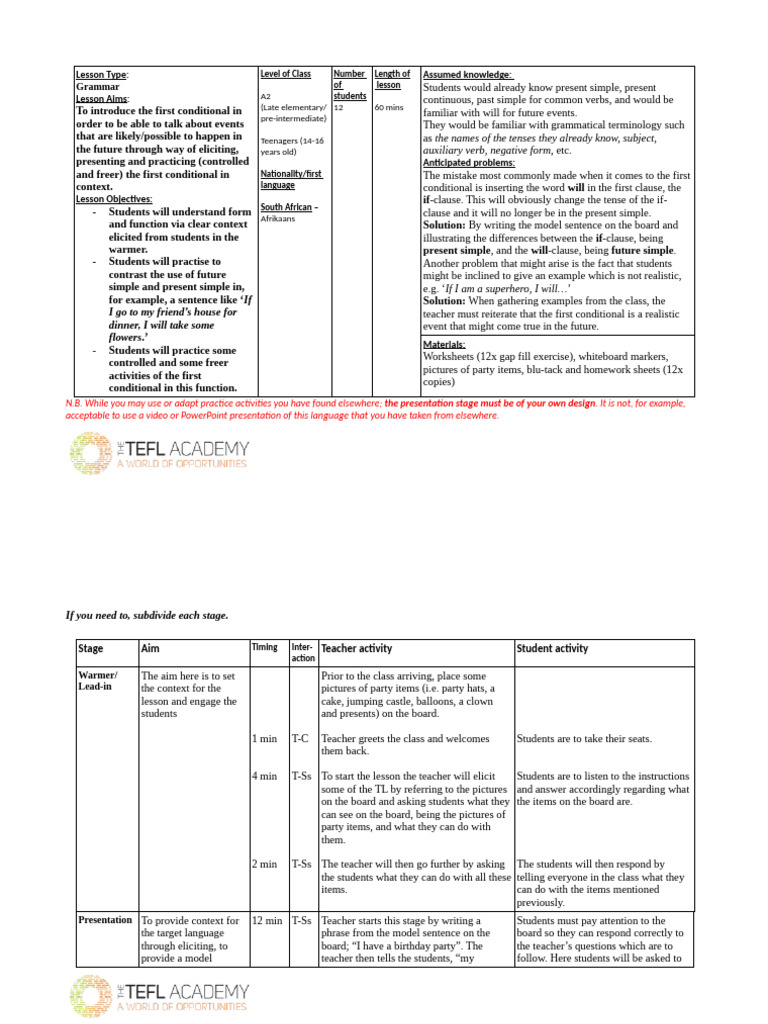 First Conditional Grammar Lesson Plan | PDF | Linguistics | Grammar