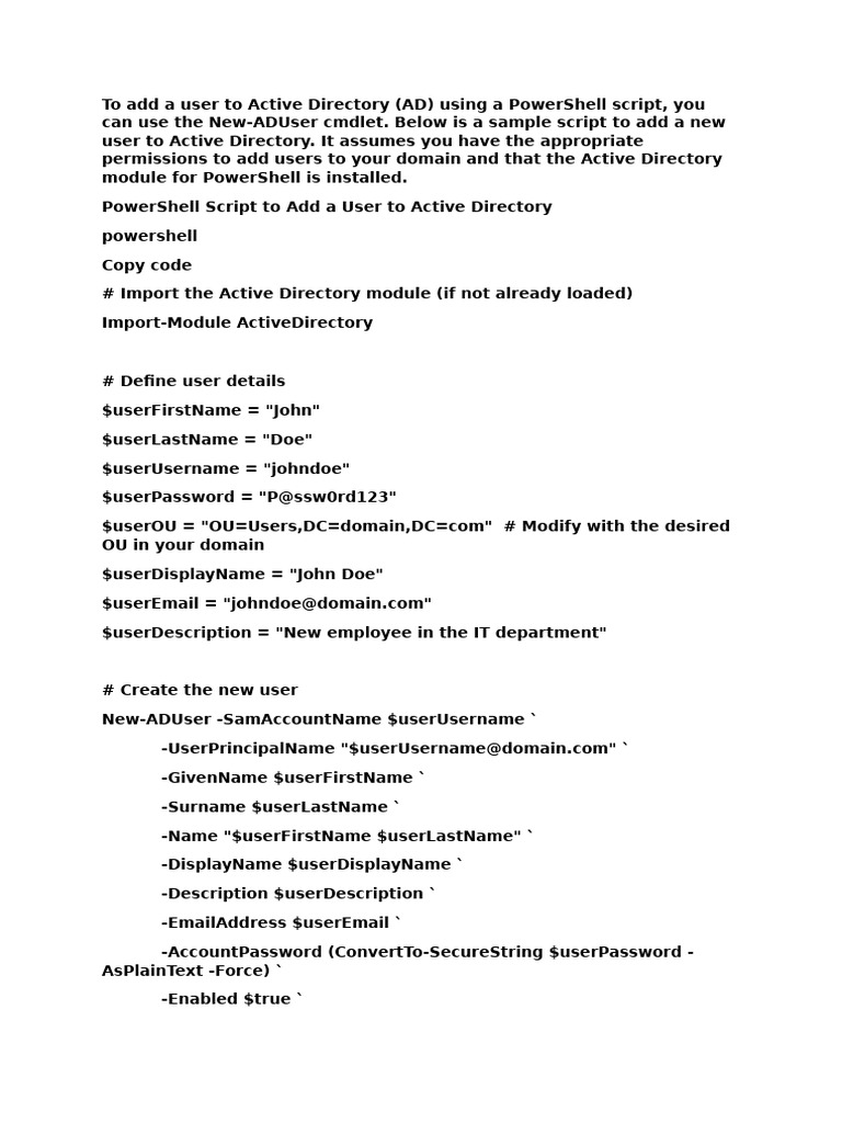 Add User to Active Directory via PowerShell | PDF | Active Directory ...