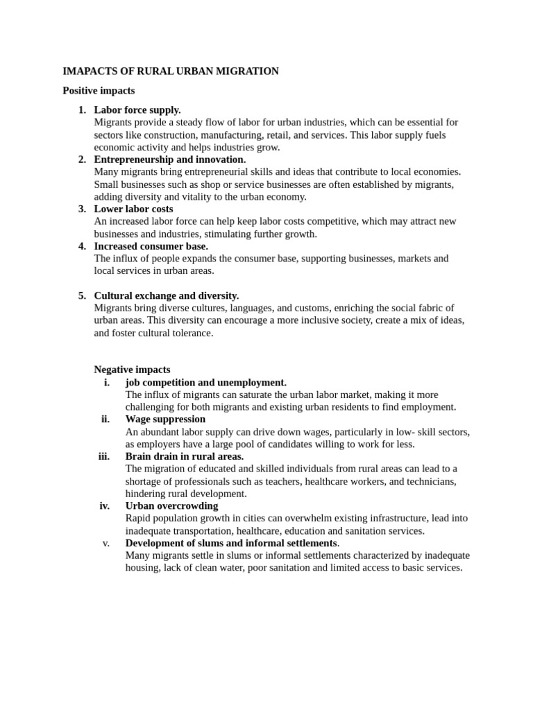 Imapacts of Rural Urban Migration | PDF | Social Science