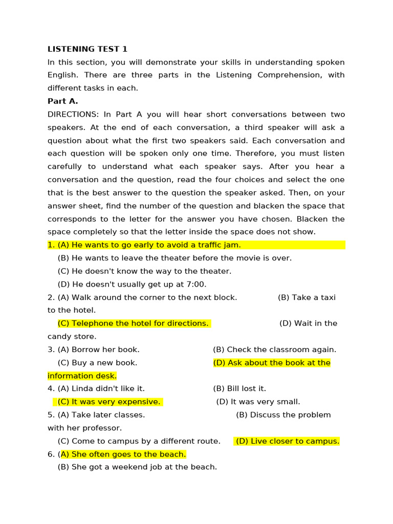 Listening Comprehension Test 1 | PDF