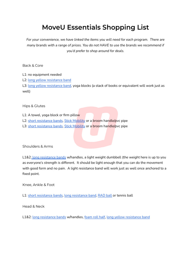 MoveU Program Essential Equipment | PDF