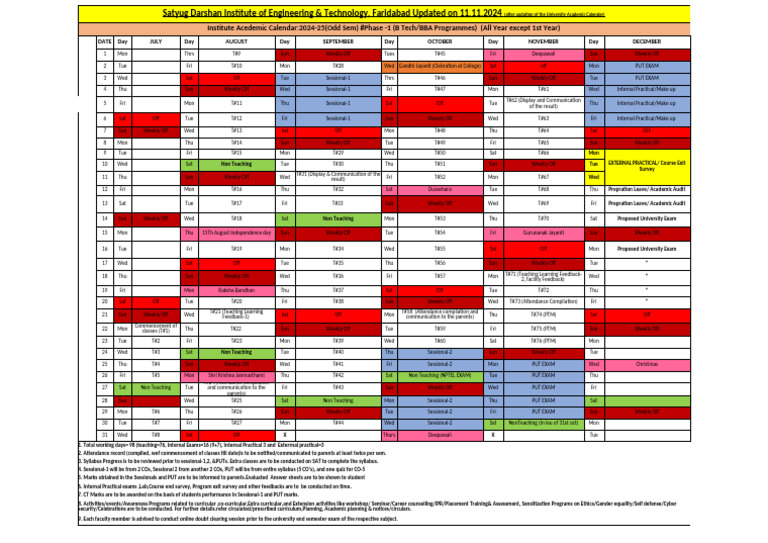2024-25 Academic Calendar for B Tech/BBA | PDF