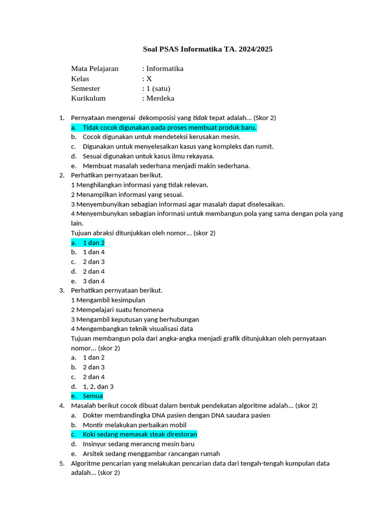 Soal PSAS Informatika Kelas X 2024/2025 | PDF | Seni | Komputer