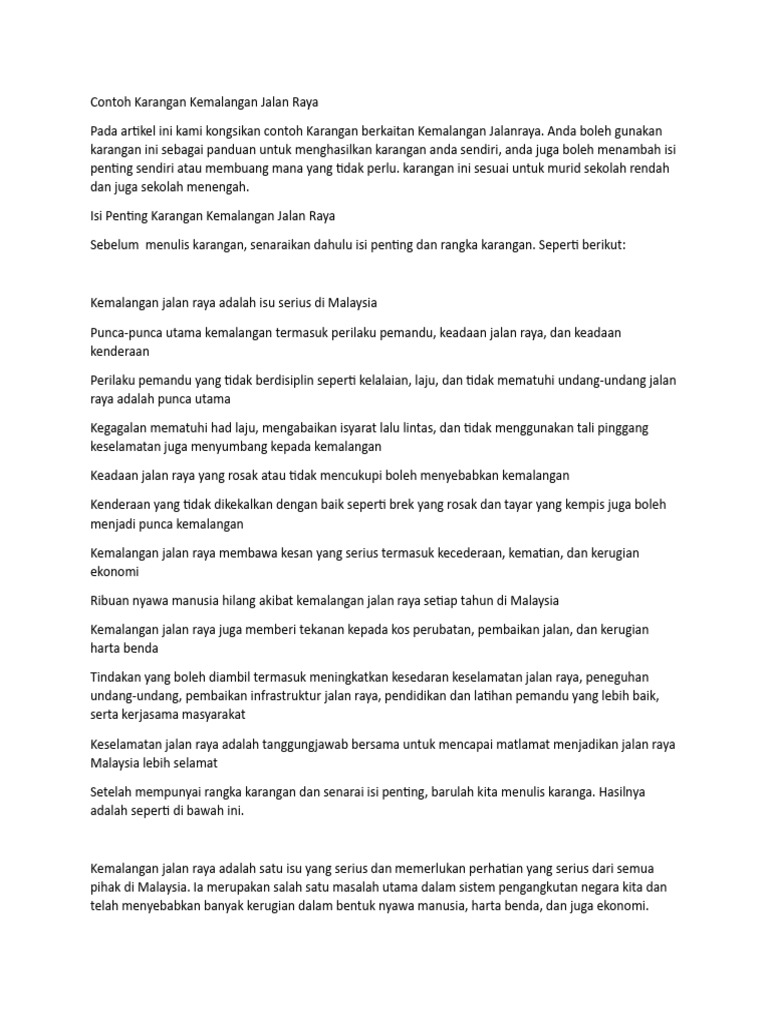Contoh Karangan Kemalangan Jalan Raya | PDF