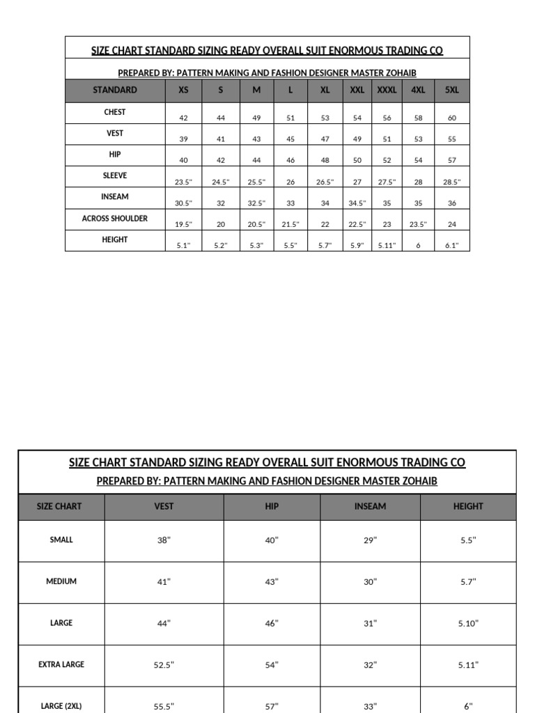 Overall Suit Size Chart by Enormous Trading Co | PDF