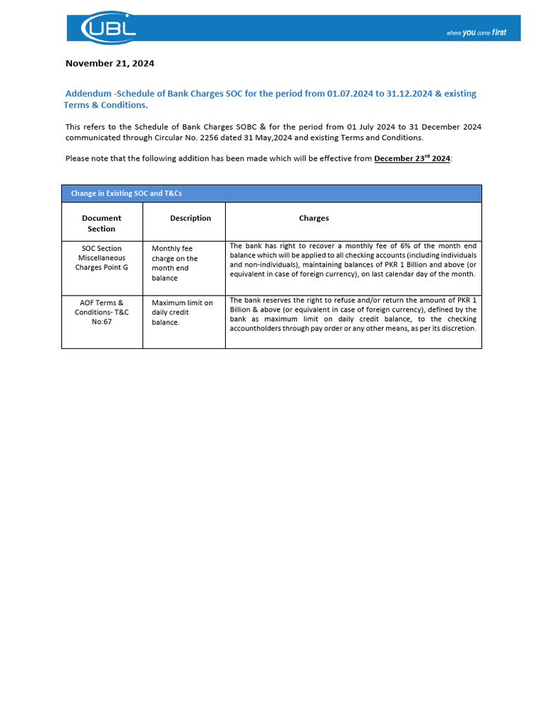 Bank Charges Addendum 2024 Update | PDF | Business | Finance & Money ...