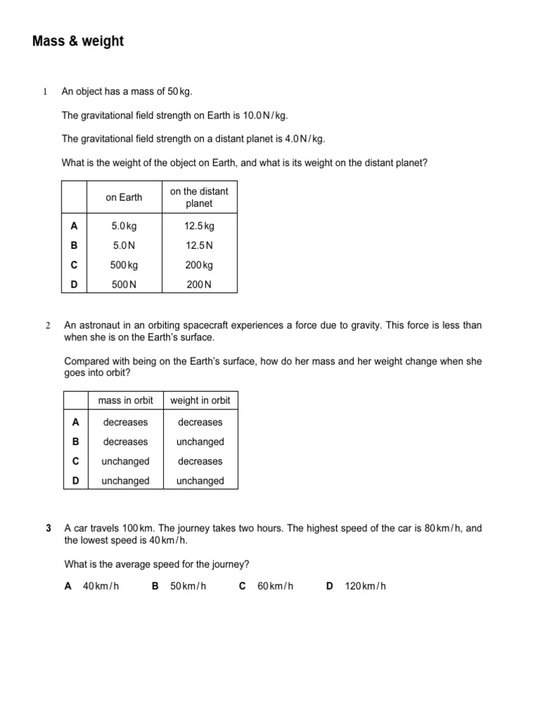 Mass & Weight (Multiple Choice) QP | PDF | Weight | Mass