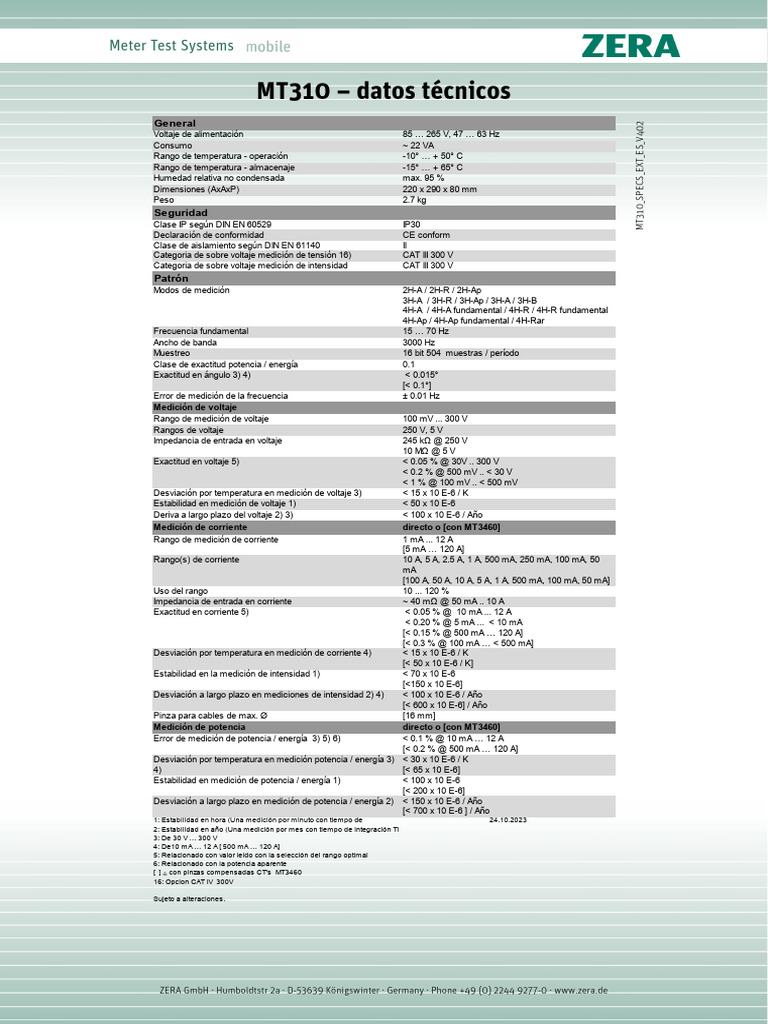 Especificaciones del Medidor MT310 | PDF | Cantidades fisicas | Metrología