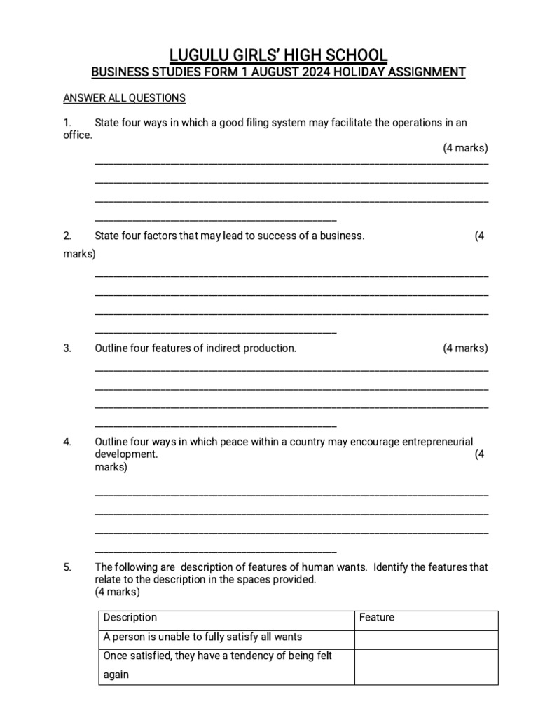 August F1 Business Assignment Assignments - Form 1 - Business Studies | PDF