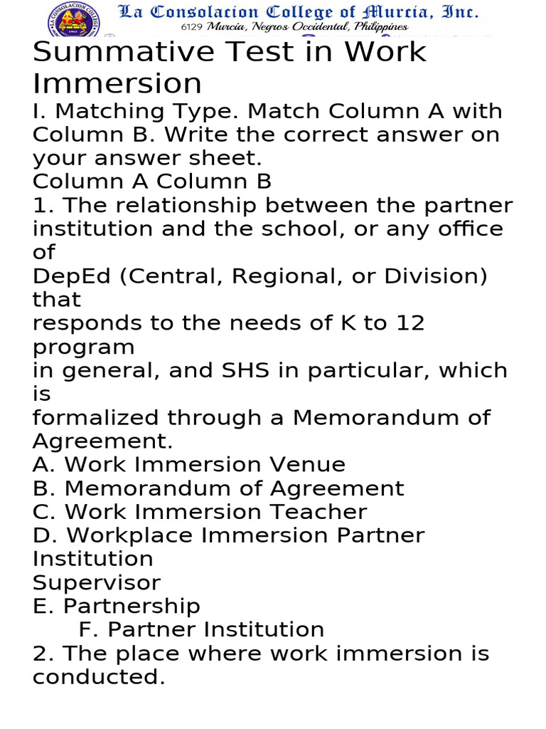 Work Immersion Summative Test Guide | PDF | Résumé | Job Interview