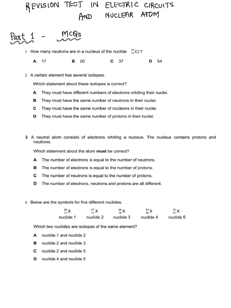 Revision Test in Electric Circuits & Nuclear Atom | PDF