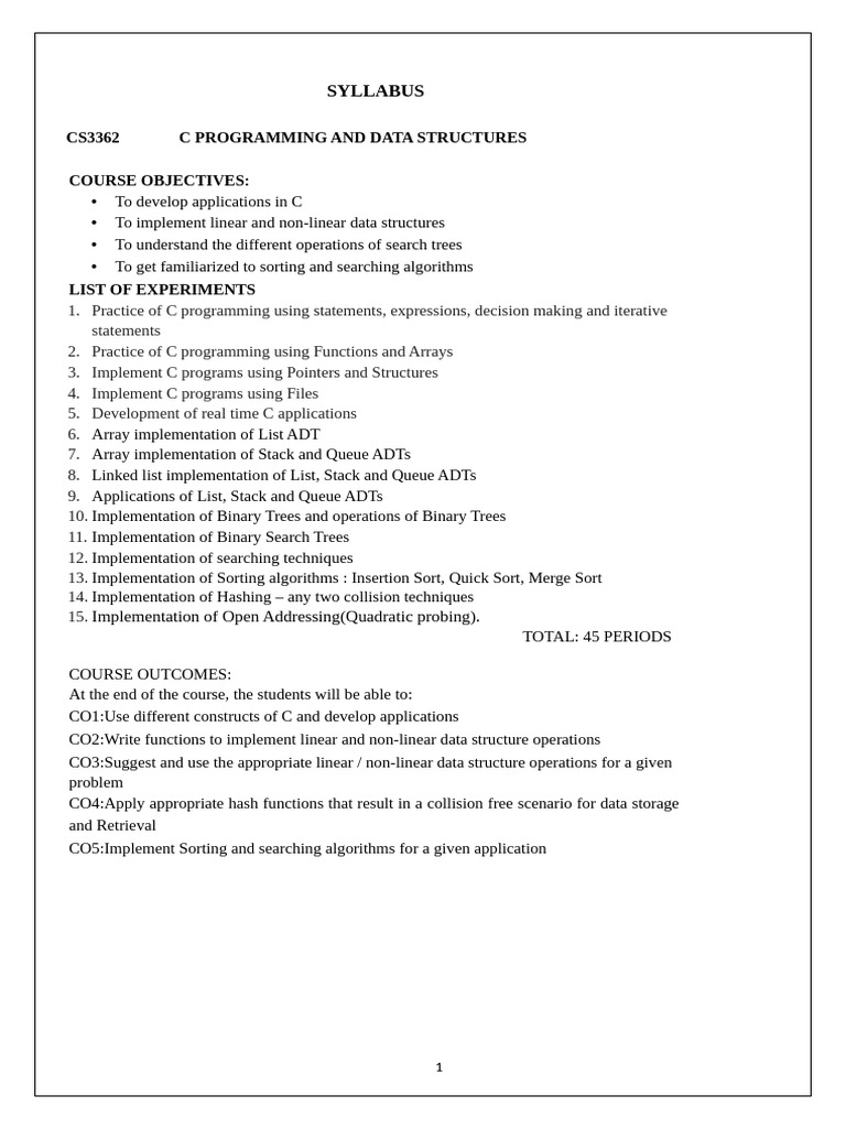 C Programming and Data Structures Syllabus | PDF | Integer (Computer ...
