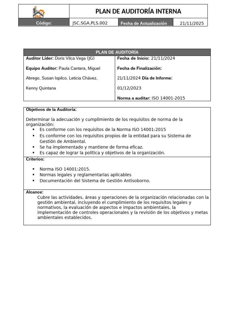Auditoría Interna ISO 14001:2015 | PDF | Auditoría | Contralor