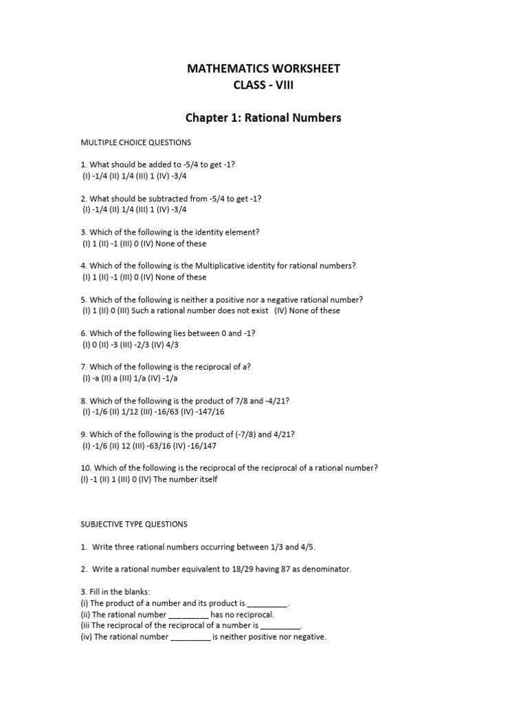 Class 8 Rational Numbers Worksheet | PDF | Rectangle | Mathematical Objects