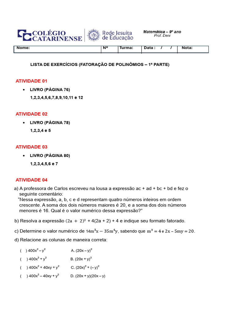 Lista de Exercícios: Fatoração de Polinômios | PDF