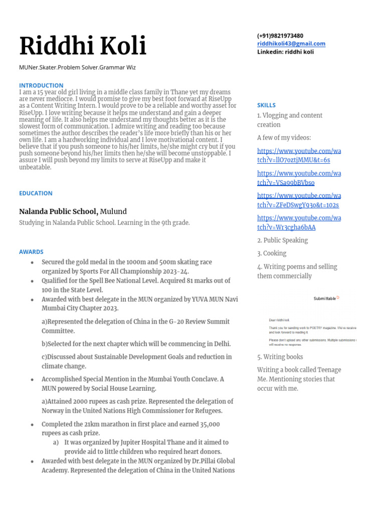 Riddhi Koli's Resume for Content Intern | PDF