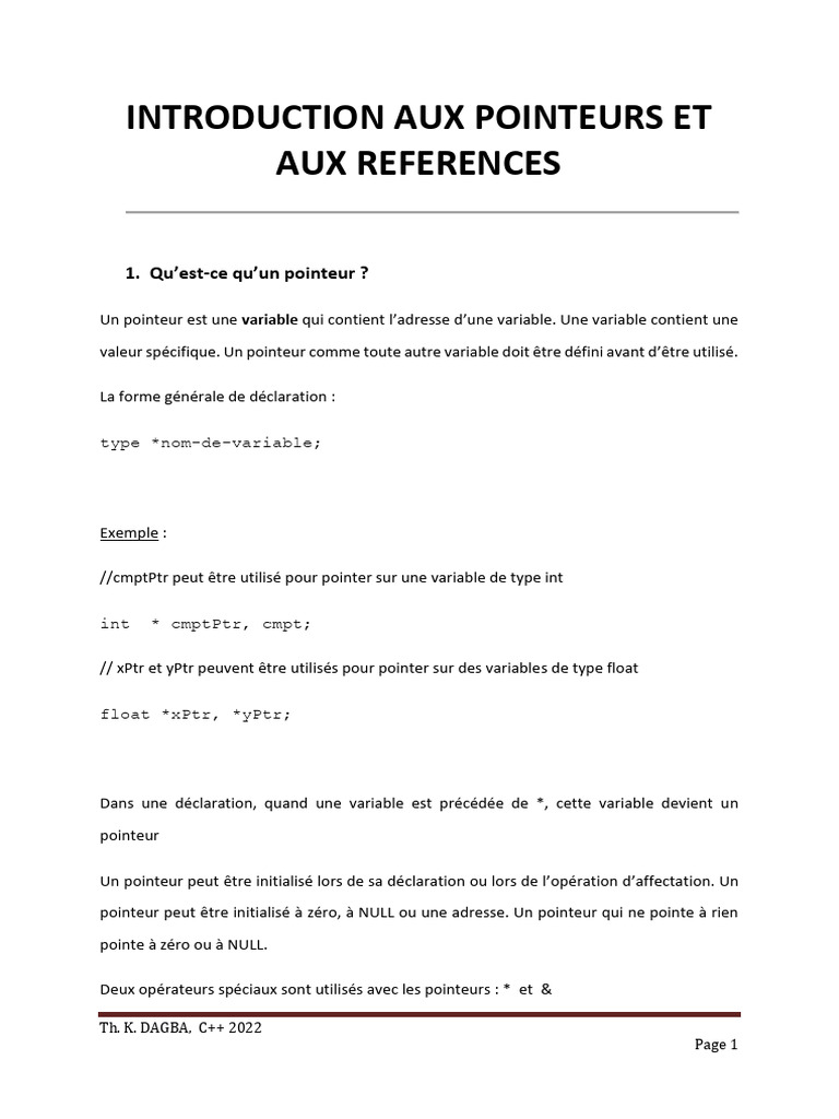 Introduction aux pointeurs en C++ | PDF | Pointeur (programmation ...