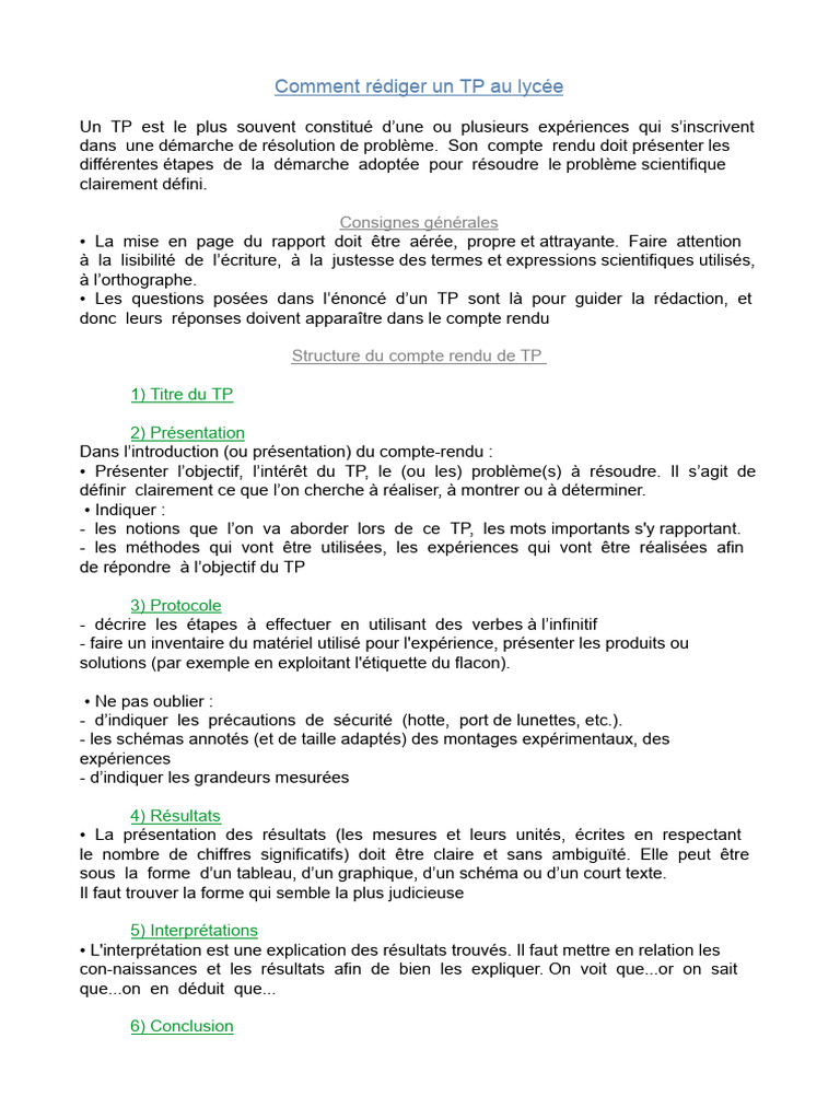 Rédiger un TP au lycée : Guide pratique | PDF | Expérience