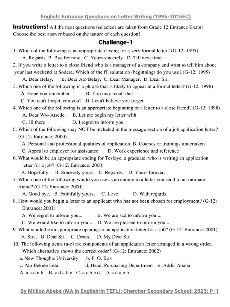 Entrance - 1995-2015EC - On Letter Writing With Answers | PDF