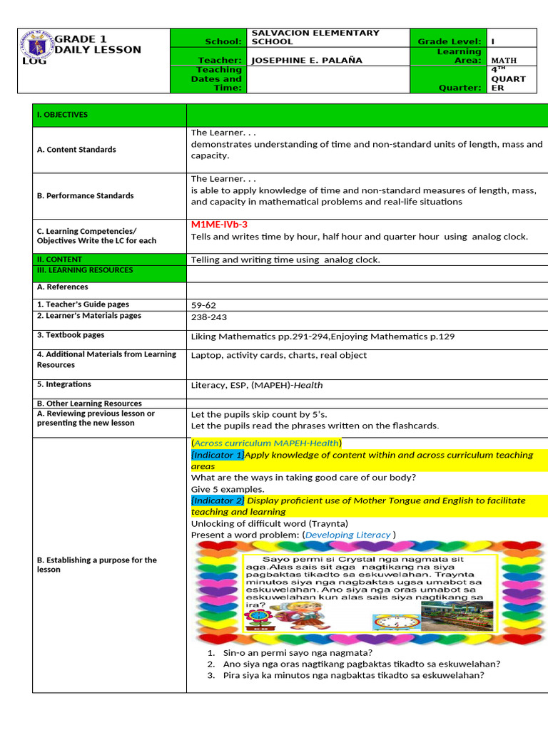 Grade 1 Math Lesson Plan: Telling Time | PDF | Learning | Teachers