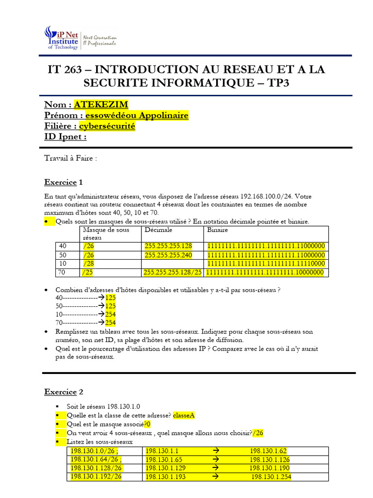 Sous-réseaux et masques IP en cybersécurité | PDF | Adresse IP ...