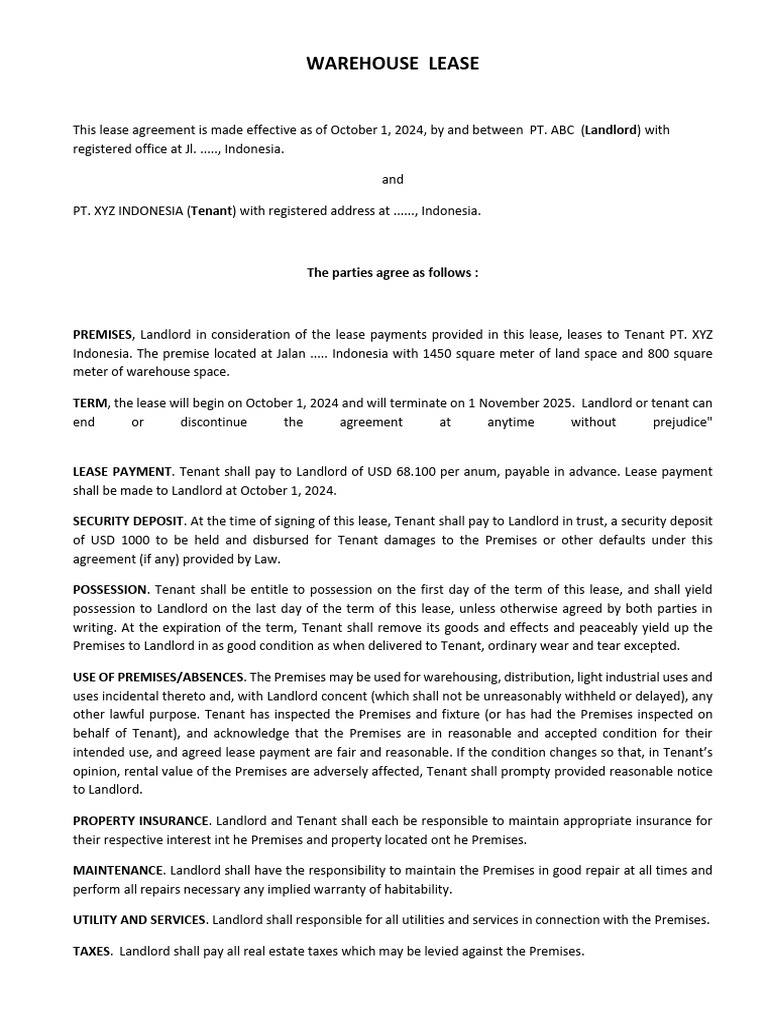 Rental Warehouse Agreement | PDF | Leasehold Estate | Lease